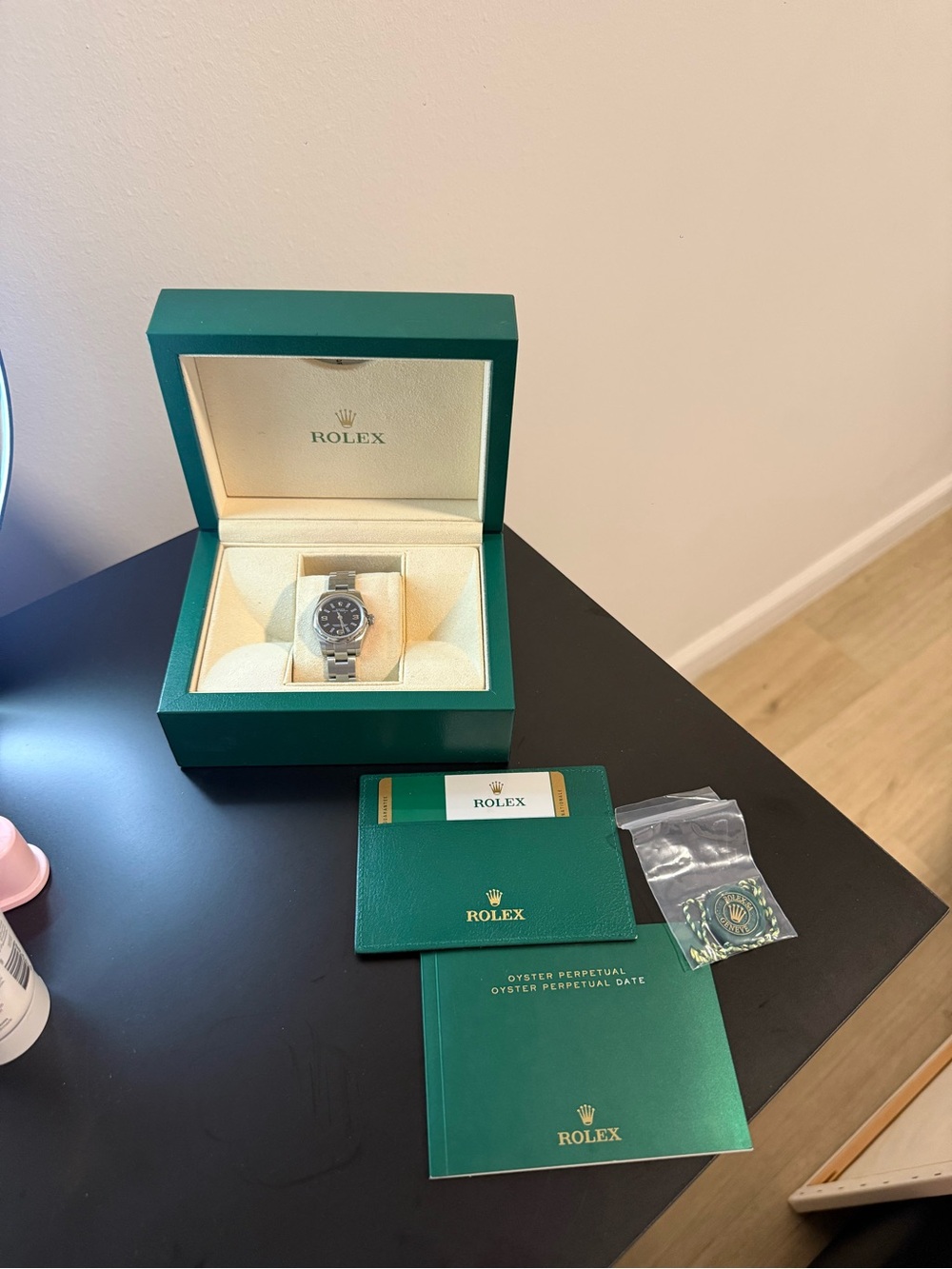 Rolex Oyster Perpetual Date Watch with Green Box and Booklets